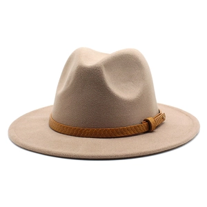 Vintage beige wool fedora hat with a woven faux leather band for women in autumn