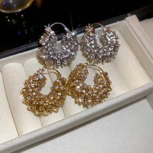 Rhinestone Inlaid U-Shaped Hoop Earrings For Women Alloy Spiral Twist Geometric Elegant Fashion Ear Jewelry