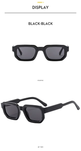 Front and 45-degree side views of black square fashion sunglasses for driving