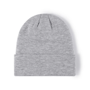 Classic grey knitted beanie hat with warm double-layer ribbed cuff for men and women