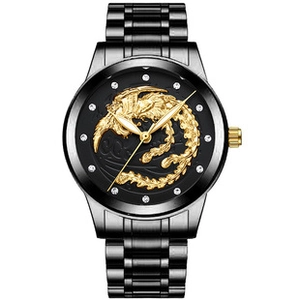 Detailed view of black metal watch band and dial with golden 3D dragon relief and crystals
