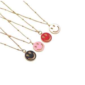 Smiley Face Pendant Necklace Copper Gold Plated Enamel Zircon Colorful Round Medal Jewelry For Women