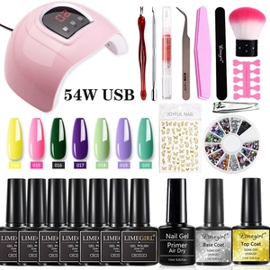 Professional 54W UV LED nail lamp starter kit with 7 colors gel polish and full manicure tools