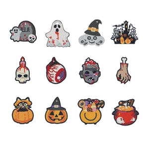 Set of 12 Halloween DIY diamond painting keychains featuring pumpkin and ghost designs