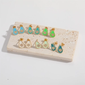 French vintage avocado pear earrings with gold metal base and colorful enamel finish