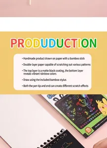 Macro detail of 10-sheet scratch art set with dual-tip bamboo stylus and colorful layers