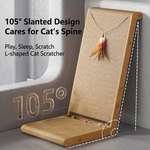 L-shaped corrugated cat scratching board with 105-degree slope and feather toy