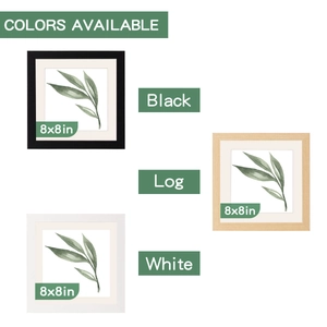 Three square wooden frame colors in black, log, and white with 8x8 inch dimensions