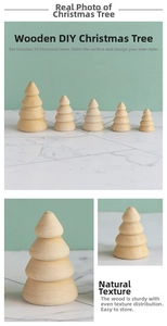 Detail of 10-piece wooden DIY Christmas tree set showing natural textures and sizes