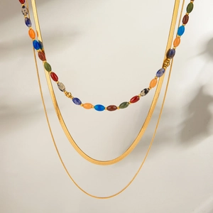 Necklace Stainless Steel Gold Plated Colorful Stone Beads Snake Chain Bohemian Fashion Jewelry Women