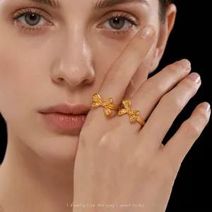 Bowtie Ring Gold Plated Stainless Steel Adjustable Open Band Minimalist Chic Aesthetic Jewelry Gift For Women