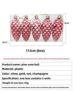 Detailed size chart for five red and white pinecone Christmas tree ornaments in a box