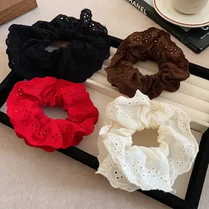 Lace Scrunchies Eyelet Embroidery Hollow Out Ruffled Elastic Hair Ties French Vintage Ponytail Holder For Women Girls