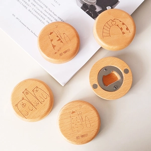 Round wooden magnetic bottle opener with cute cat engraving and stainless steel opener