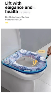 Close-up of thick plush toilet seat cover with floral patterns and a convenient handle