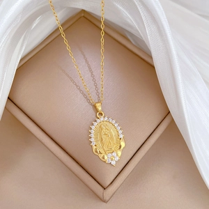 Elegant gold titanium steel necklace with a religious portrait pendant and diamond-paved frame