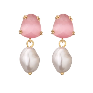 Macro detail of gold earrings featuring pink gemstones and irregular baroque pearls