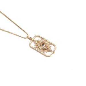 Rectangular hollow evil eye pendant necklace with blue sapphire and zircon stones