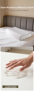 Detail showing hand pressing memory foam pillow for 3-5s slow rebound feature