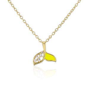 Detail of 18K gold fishtail pendant with yellow enamel and small sparkling zircons