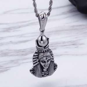 Vintage stainless steel Egyptian Pharaoh pendant necklace with silver twisted chain