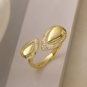 18K gold plated copper adjustable ring featuring asymmetric teardrop zircon stones