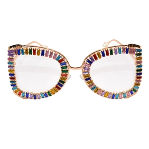 Oversized cat-eye sunglasses with rainbow rhinestone frame and pearl detail temple