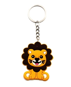 Close-up of a cute yellow PVC lion keychain with durable metal ring and link chain