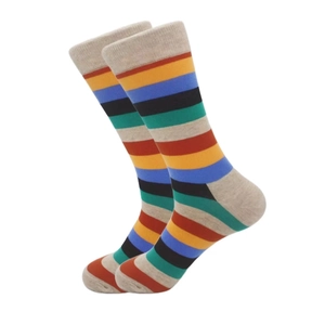 Close-up of colorful striped cotton crew socks with detailed knit texture for men