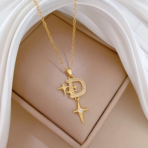 Luxurious gold titanium steel D-letter necklace with star pendants and sparkling zircons