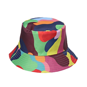 Rainbow tie-dye bucket hat with colorful camouflage print in a structured cotton fabric
