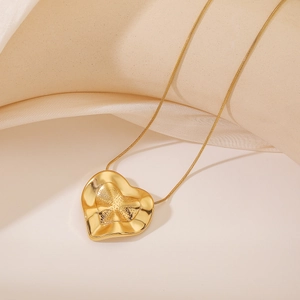 18K gold plated necklace with textured heart pendant and delicate snake chain for women