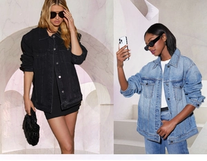 Detail view of washed denim jackets shown in black and light blue on fashion models