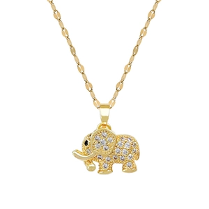 Titanium steel elephant necklace with gold plating and cubic zirconia on white background
