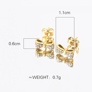 Elegant gold bow earrings with pavé crystals and pearl detail, size 1.1cm by 0.6cm