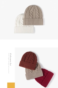 Detailed close-up of knitted fisherman beanies in four neutral and warm colors