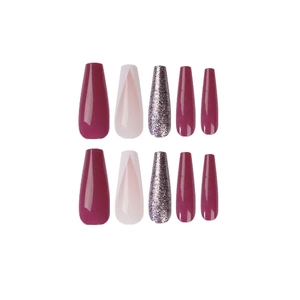Faux ongles longs coffin violets avec dégradé français et finitions à paillettes brillantes