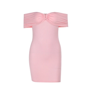 Elegant pink off-shoulder bodycon mini dress with sparkling rhinestones for women