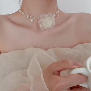 Elegant three-layer pearl choker with a romantic white mesh flower for women