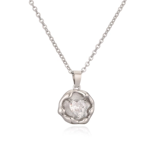 Silver liquid metal heart necklace with zircon pendant on white background