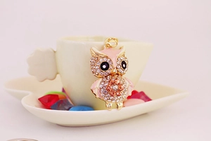 Macro view of crystal owl keychain with pink enamel details and gold plating finish