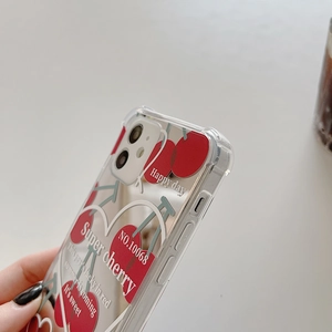 Clear cherry heart pattern mirror phone case for iPhone 15 Pro with Happy Day slogan