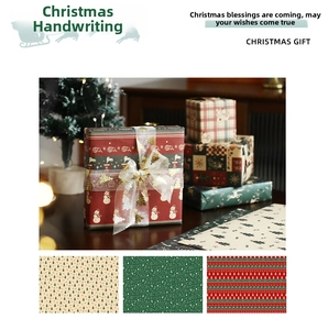 Close-up of vintage kraft Christmas wrapping paper with festive reindeer and tree patterns