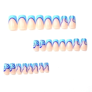 24pcs French square press-on nails with blue heart designs and wave patterns