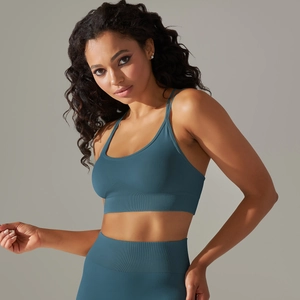 Detailed knit texture and ribbed supportive band of a dark blue seamless yoga bra