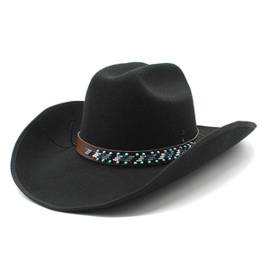 Chapeau de cowboy classique en feutre de laine noir avec bandeau décoré de perles colorées