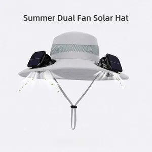 Chapeau de pêcheur solaire avec double ventilateur et maille respirante en gris clair