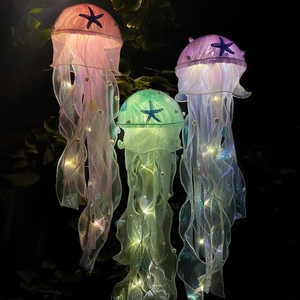 Three glowing jellyfish lanterns in pink green and purple with starfish and pearl details