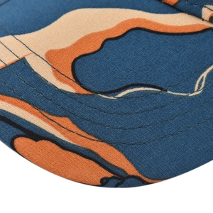 Outdoor tie-dye baseball cap featuring blue and orange abstract camouflage pattern