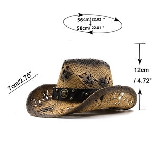 Detail of straw cowboy hat showing size measurements, leather band and horse emblem
